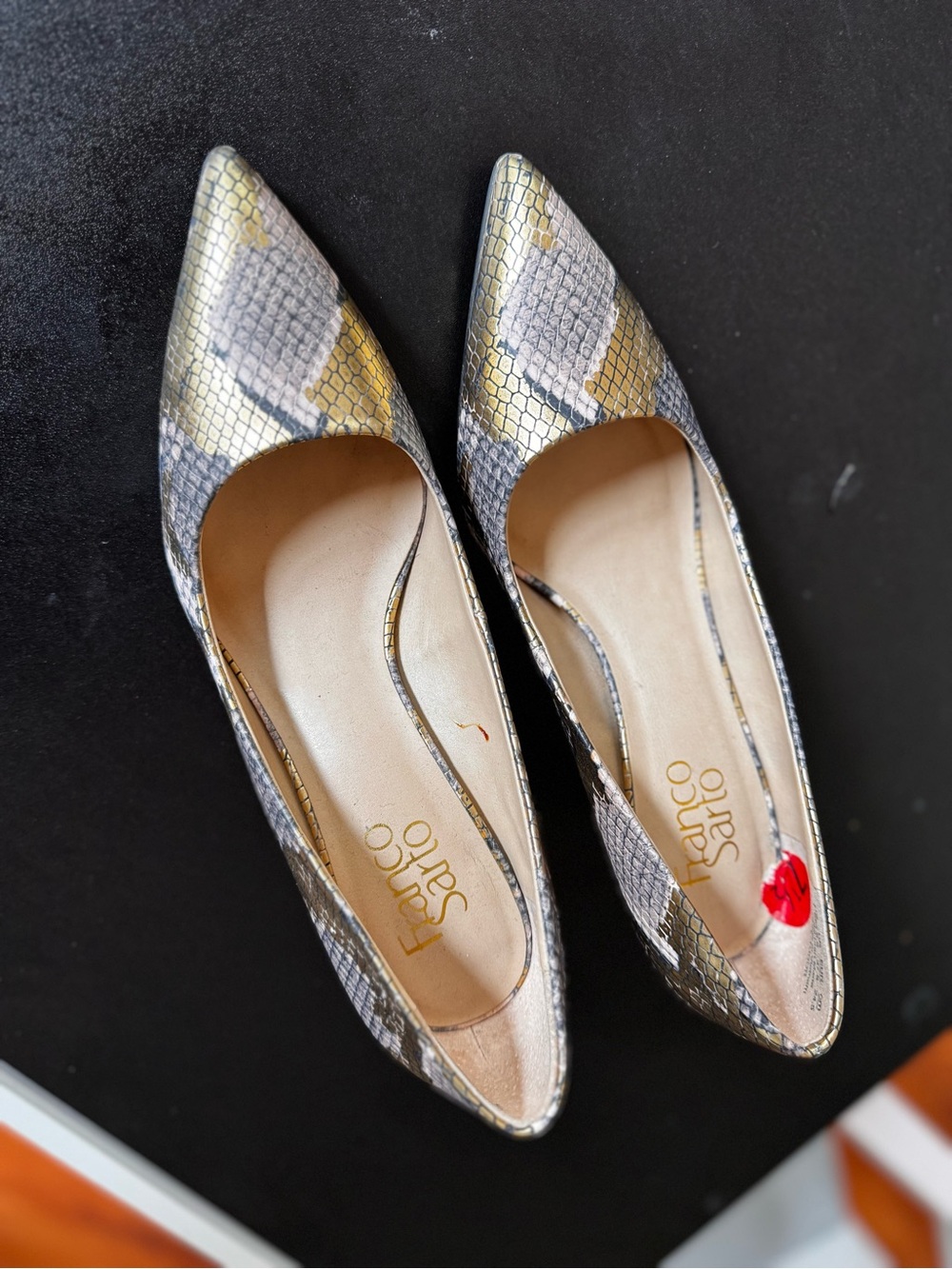 Franco Sarto Tudor Metallic Snake-Print Pointed Flats in Gold and Gray